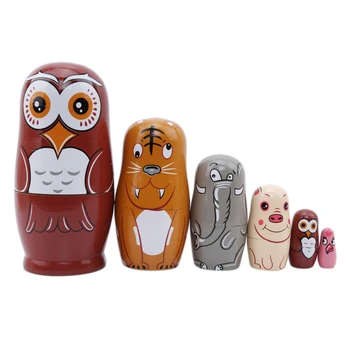 

6 Layers Animals Sea-ox Pig Bird Owl Drawings Pack Russian Creative Hand-painted Basswood Matryoshka Doll Gift Home Decoration