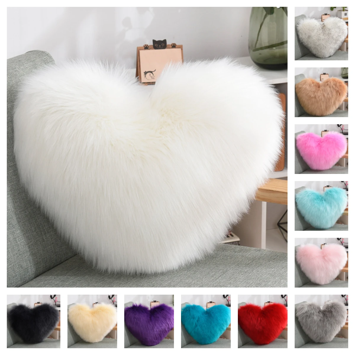 

Throw Pillows Heart Shape Long Plush Fluffy Shaggy Cushion Cover 40x50cm Sofa Cushions Decorative Pillow Covers Pillowcase White