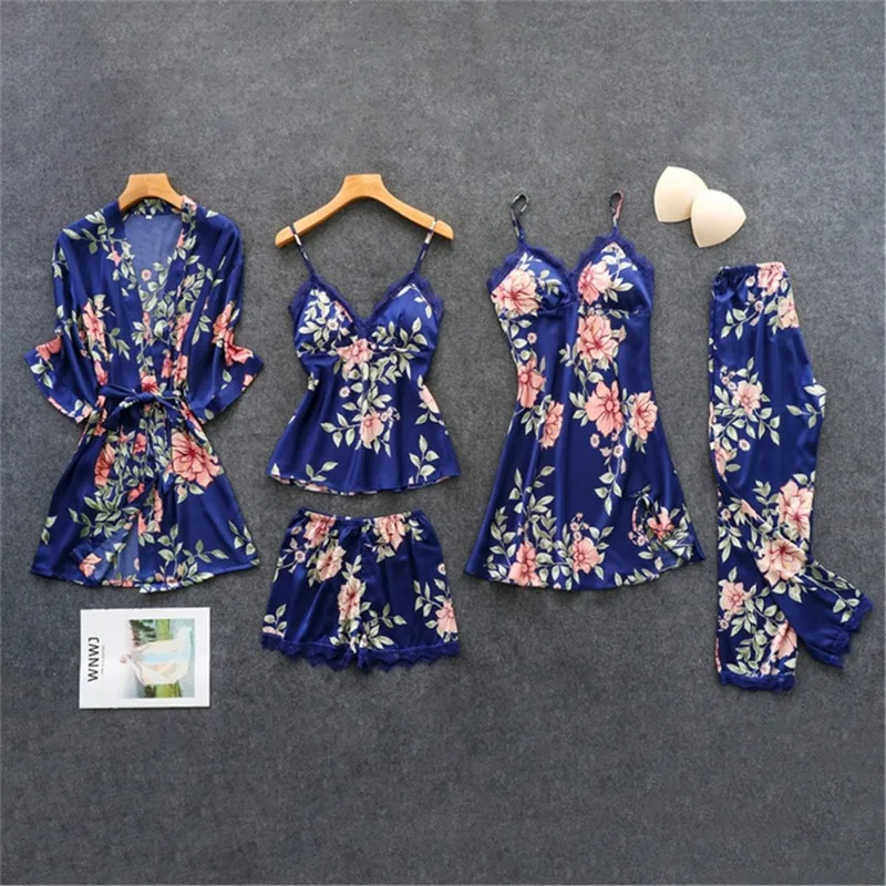 Women's Robe Gown Set Faux Silk Floral 5 Pieces Satin Sexy Lace Bathrobe Night Dress Nightie Sleepwear Home Clothes pjs Women