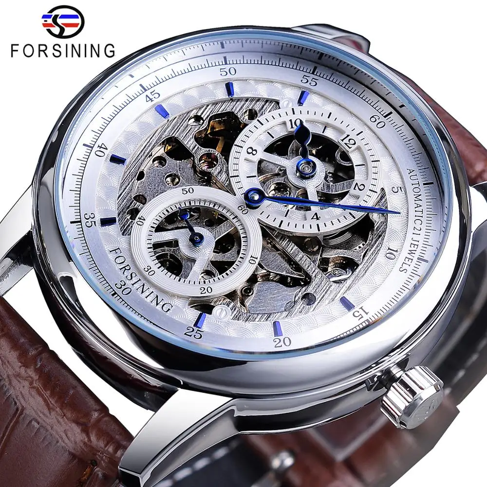 

Forsining Skeleton White Dial Automatic Mechanical Watch Brown Genuine Leather Band Waterproof Wristwatch Top Brand Men Watches
