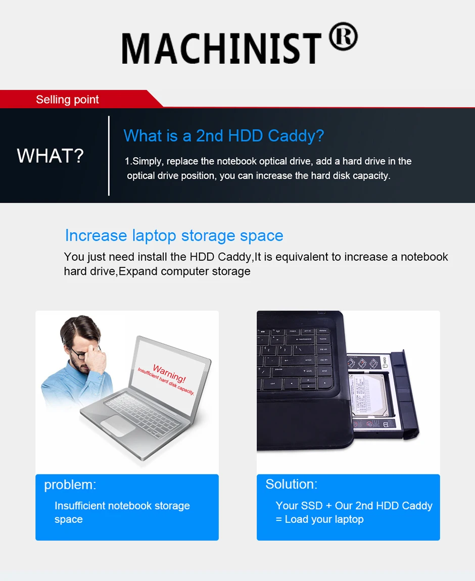 Слесарный 2nd HDD Caddy 12,7 мм Алюминий Optibay SATA 3,0 коробка для жесткого диска корпус DVD адаптер 2,5 SSD 2 ТБ для ноутбука CD-ROM