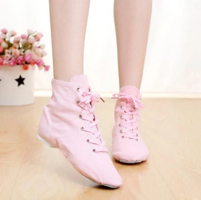 Женская и Мужская танцевальная обувь на шнуровке; Танцевальная обувь для джаза; балетки; Мягкие Спортивные кроссовки; обувь для гимнастики и фитнеса для взрослых и детей - Цвет: Pink Middle Top
