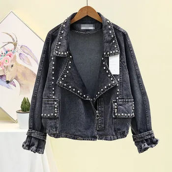 

2019 Spring Fall New Korean Studded Rivet Drilled Loose Short Jean Jacket Turn Collar Women Denim Coat Zipper CowboyJackets