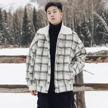 

Winter Thick Plaid Jacket Men Warm Parka Men Fashion Retro Casual Lapel Cotton Coat Mens Wild Loose Short Coat Male Clothes