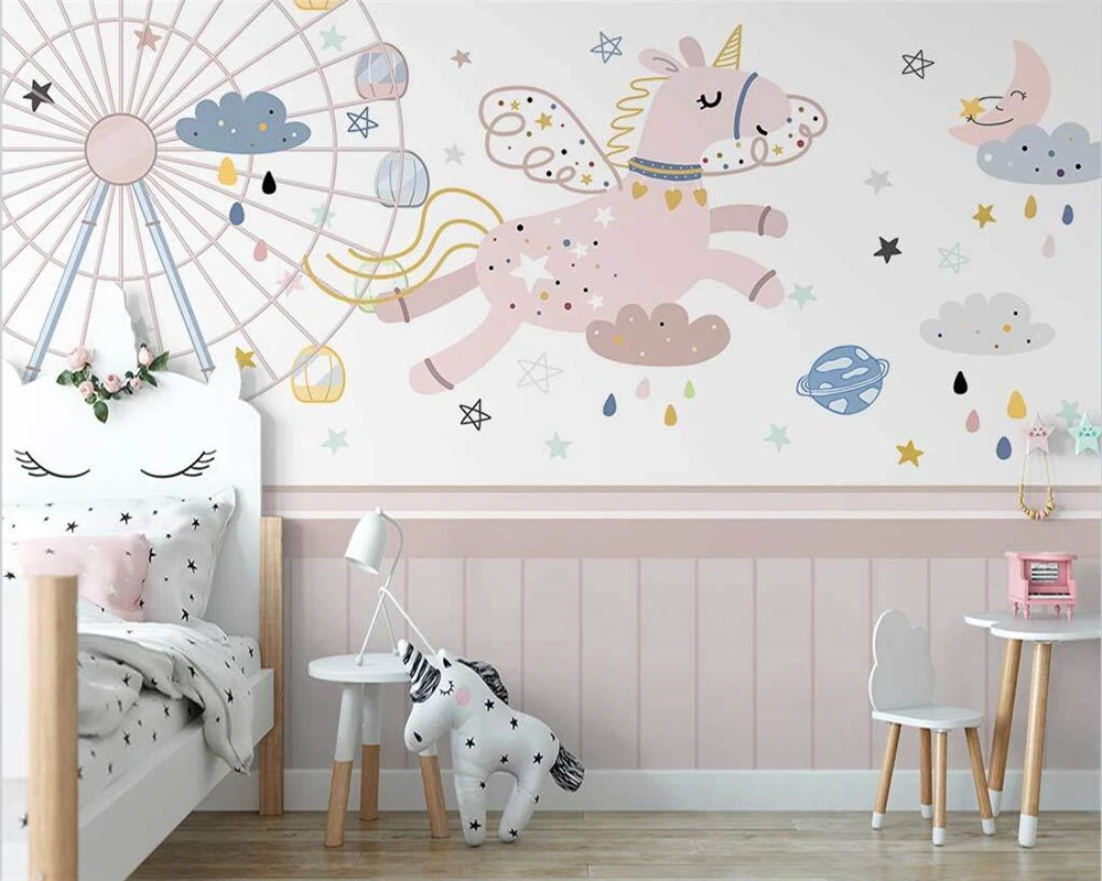 

beibehang Customize new Nordic hand-painted pink unicorn children's room background wallpaper wall papers home decor