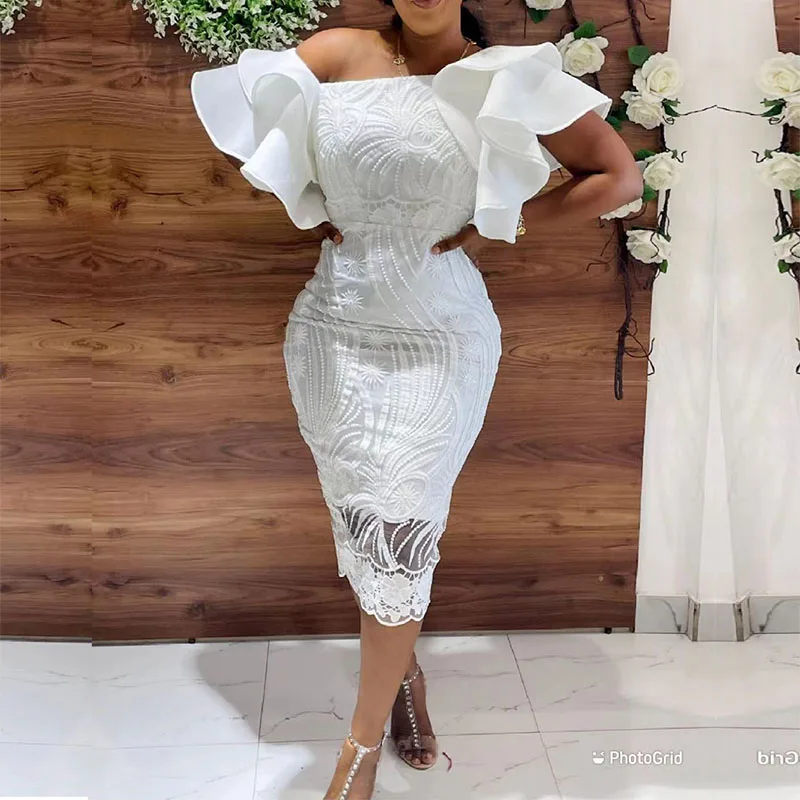 africa dress African Dress Styles For Women Lace White Embroidery  Bodycon Dresses Summer Slash Neck Elegant Evening Party African Dress Lady african outfits