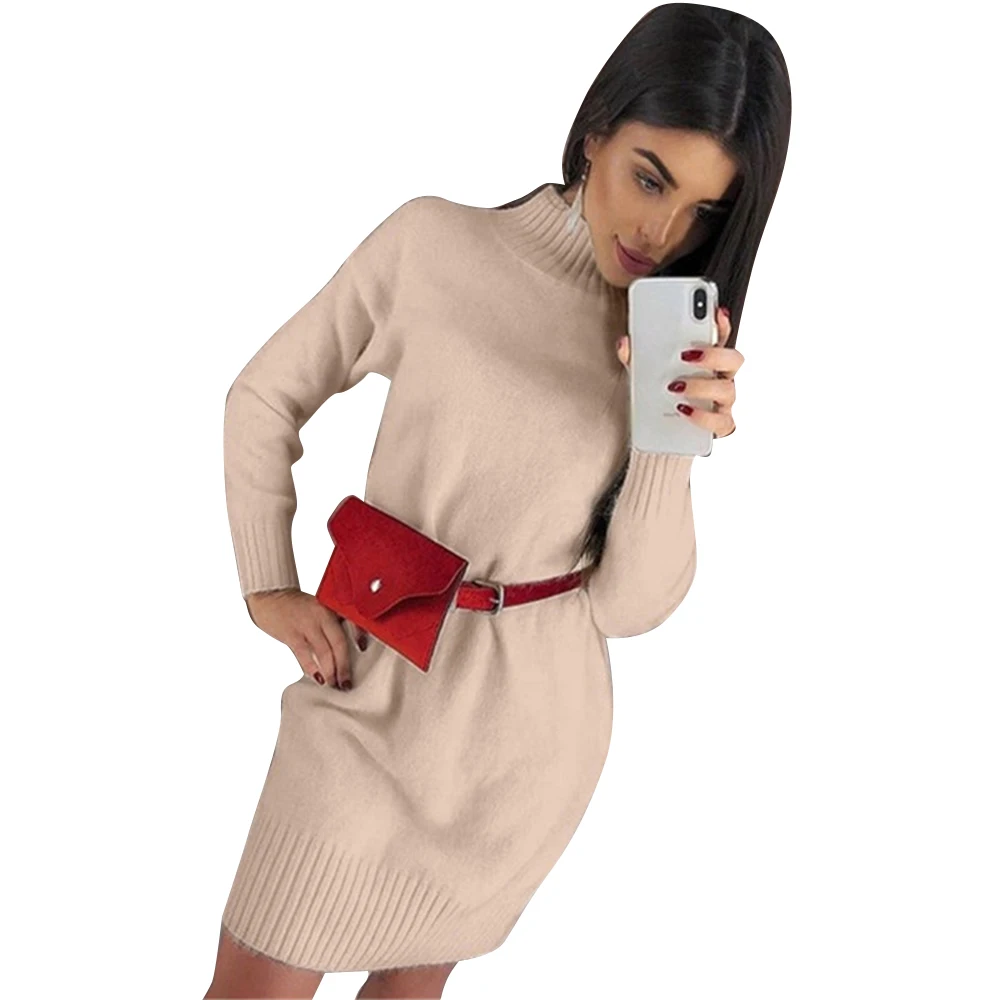 

Fashion Women Turtleneck Long Sleeve Dress Autumn Winter Solid Colour Sweater Dress Casual Loose Knitted Dress Streetwear D30