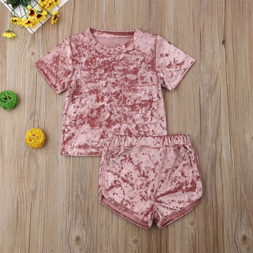 Однотонная футболка с короткими рукавами для маленьких девочек Топы+ короткие штаны комплект одежды из 2 предметов