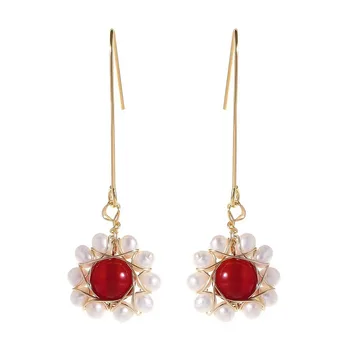 

Freshwater Pearl Red Natural Stone Long Earrings Chinese-Style Hand-Designed Ear Stud Maintains Color Plating