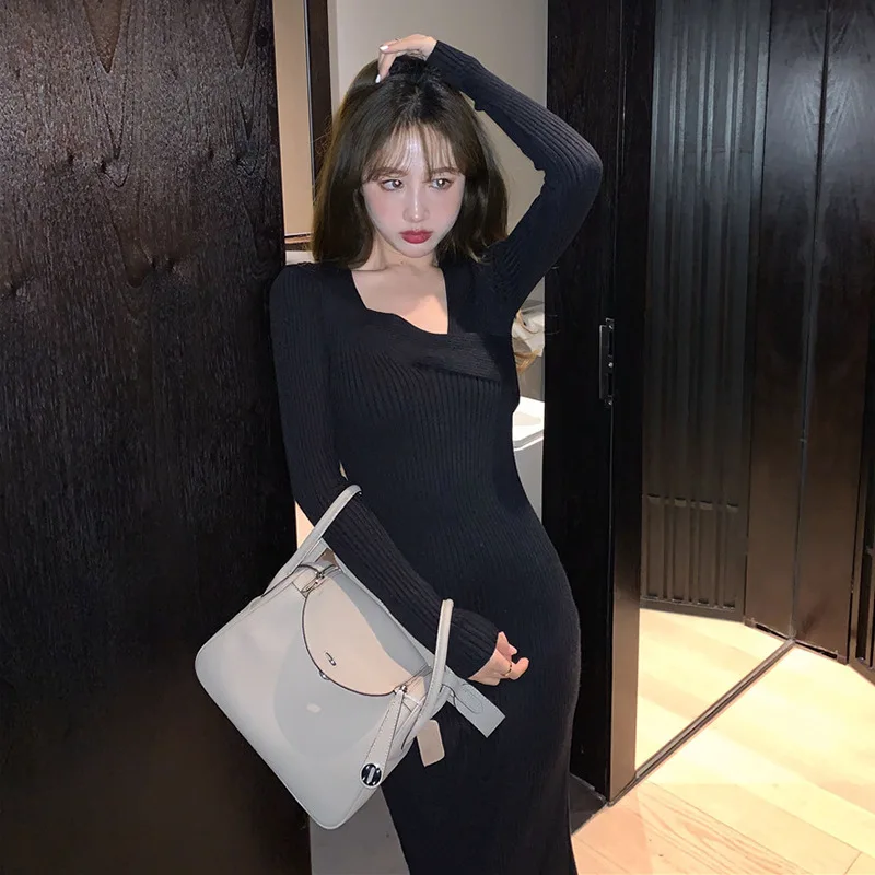 

Women Vintage Knitted Dress Long Sleeve Sweater Elegant Party Dress Autumn Office Lady Slim Asymmetrical One-Piece Split Dress