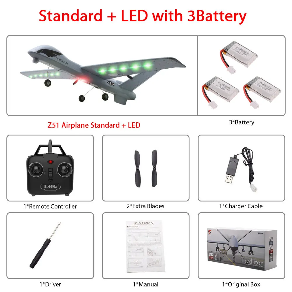 Z51-Led 3B color box Z51 Радиоуправляемый Дрон 2,4G 2CH Хищник пульт дистанционного управления RC самолет 660 мм размах крыльев Пена DIY сборка военный фиксированный крыло для детей - Цвет: Z51-Led 3B color box