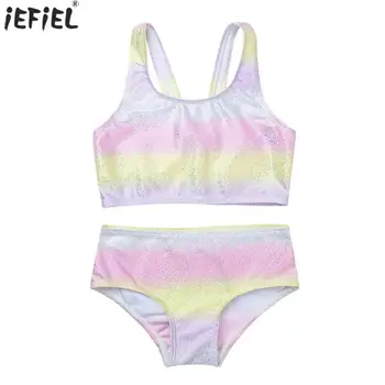 

Summer Girls Swimsuit Glittery Gradient Color Kids Children's Swimwear Girls Beachwear Tops with Bottoms Set Bathing Suit