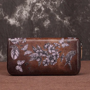 

New top layer cowhide ladies wallet long handbag retro leather European and American women wallet long zipper bag
