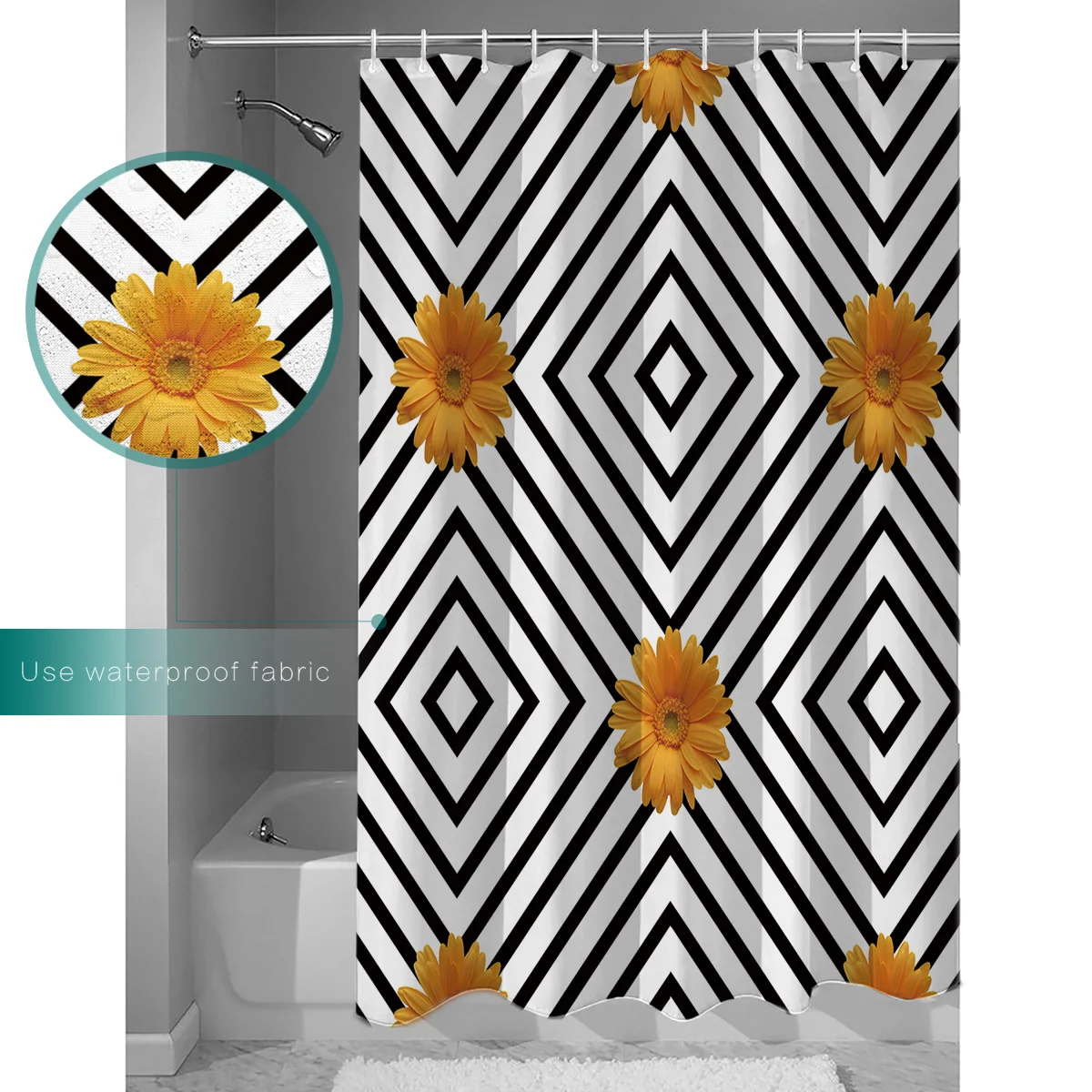 Geometric Design Background Yellow Chrysanthemum Bathroom Shower Curtain Set with Hooks