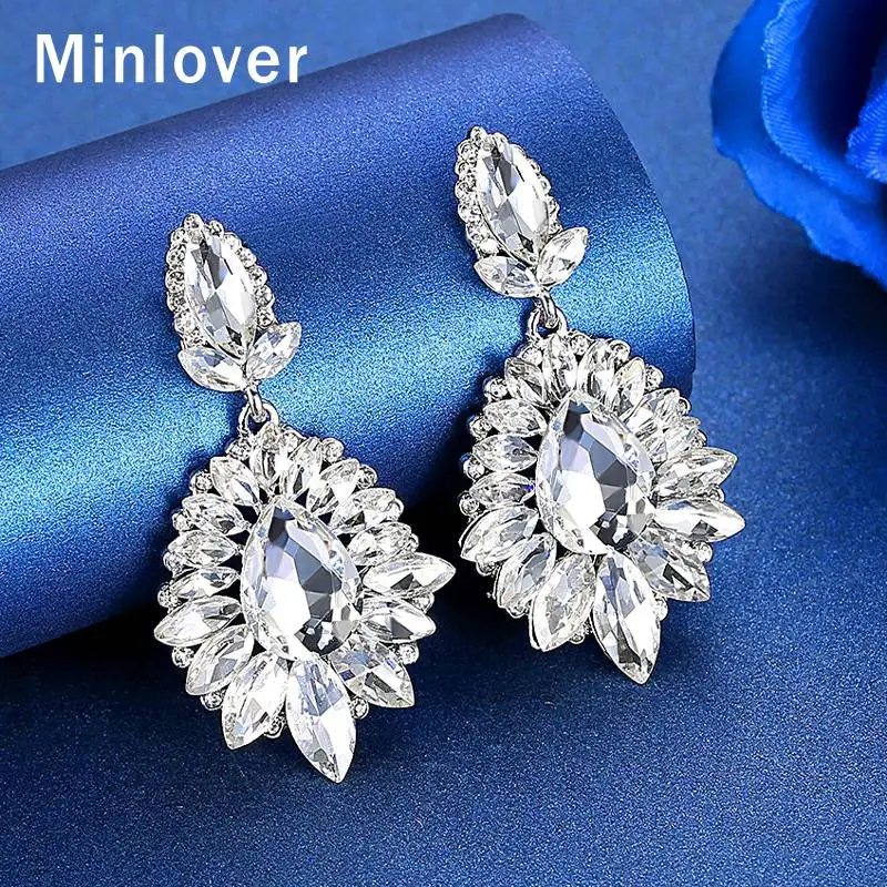 

Minlover Sparkling Marquise Crystal Bridal Drop Earrings Silver Color Flower Wedding Pandent Dangle Earrings Jewelry MEH1646