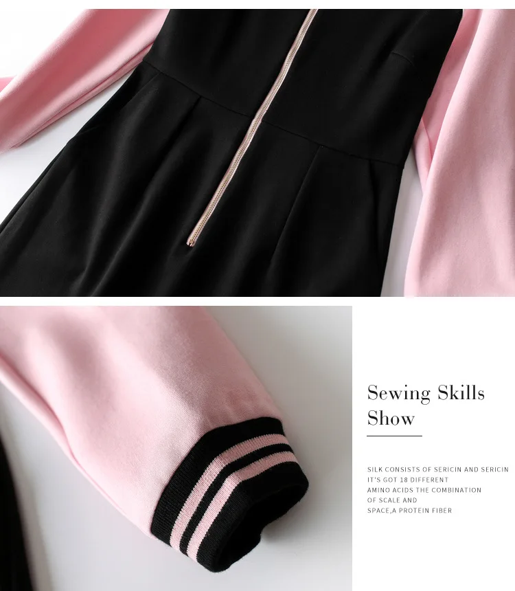 Women girls autumn winter casual dress color block pink long sleeve zipper front black dresses new