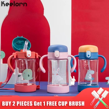 

Keelorn 300ml Water Bottle Cartoon printed handle strap children kettle tritan heat-resistant anti-suckling straw Water Bottle