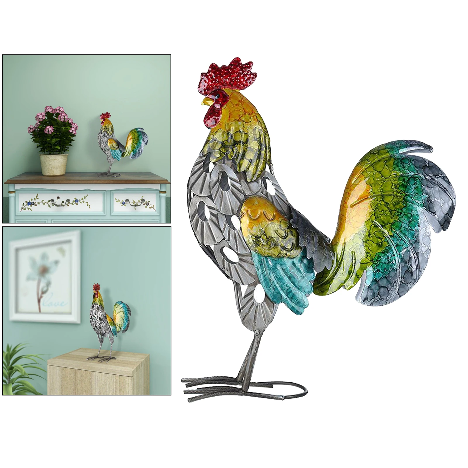 Painted Cast Metal Rooster Sculpture Animals Crafts Art Collections Living Room Table Decoration Accessory
