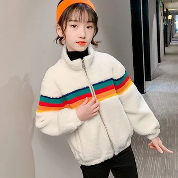 

Fashion 2020 Kids Woolen Jackets & Coats Baby Big Girls Colorful Striped Patchwork Zipper Tops Girls Warm Outerwear Coats 4-16 Y