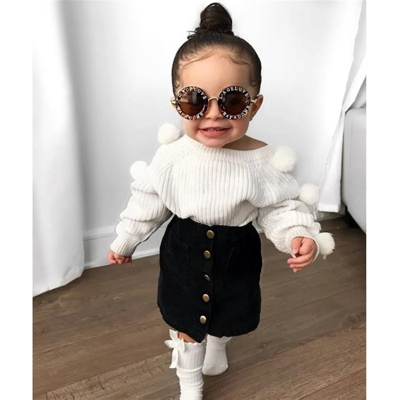 Коллекция года, осенне-зимние комплекты одежды для маленьких девочек вязаный свитер с помпонами+ мини-юбки на пуговицах теплые комплекты из 2 предметов для девочек, От 1 до 6 лет
