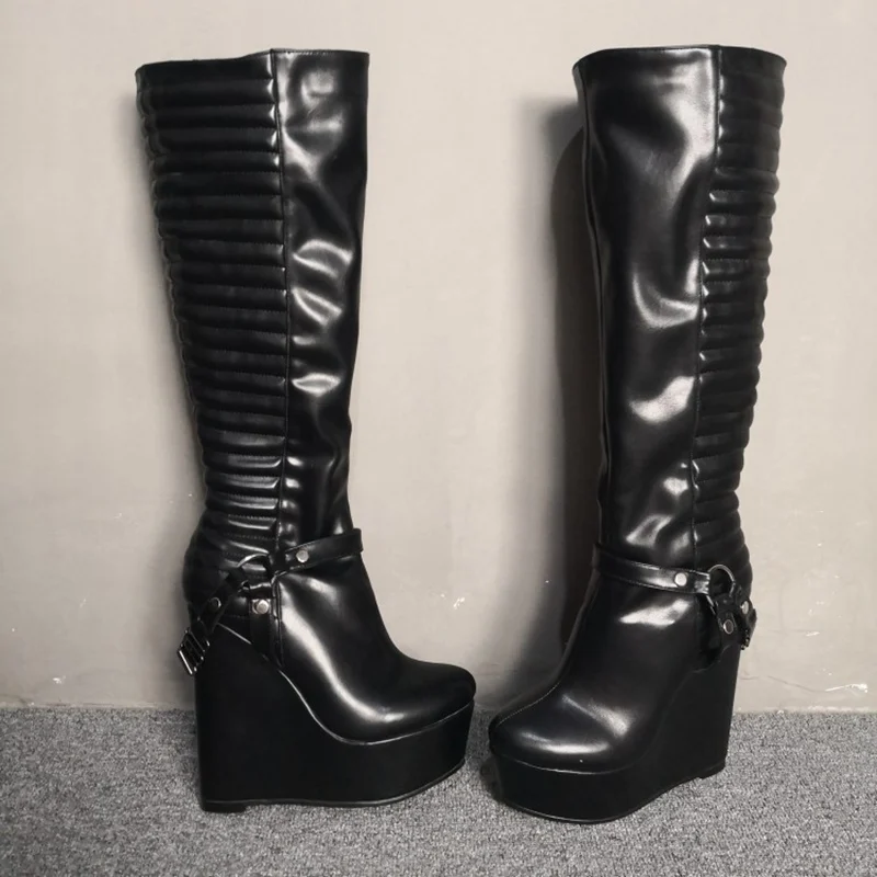 ORCHA LISA/стильные женские ботинки в готическом стиле ботинки на танкетке и высоком каблуке Элегантная черная обувь на молнии с круглым носком женская обувь, размеры 4-15 - Цвет: Black