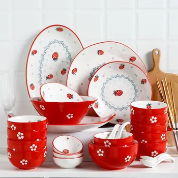 

Red Strawberry Ceramic Plate Dinner Set Porcelain Dessert Steak Snack Rice Soup Big Bowl Plate Tableware Spoon Creative Set