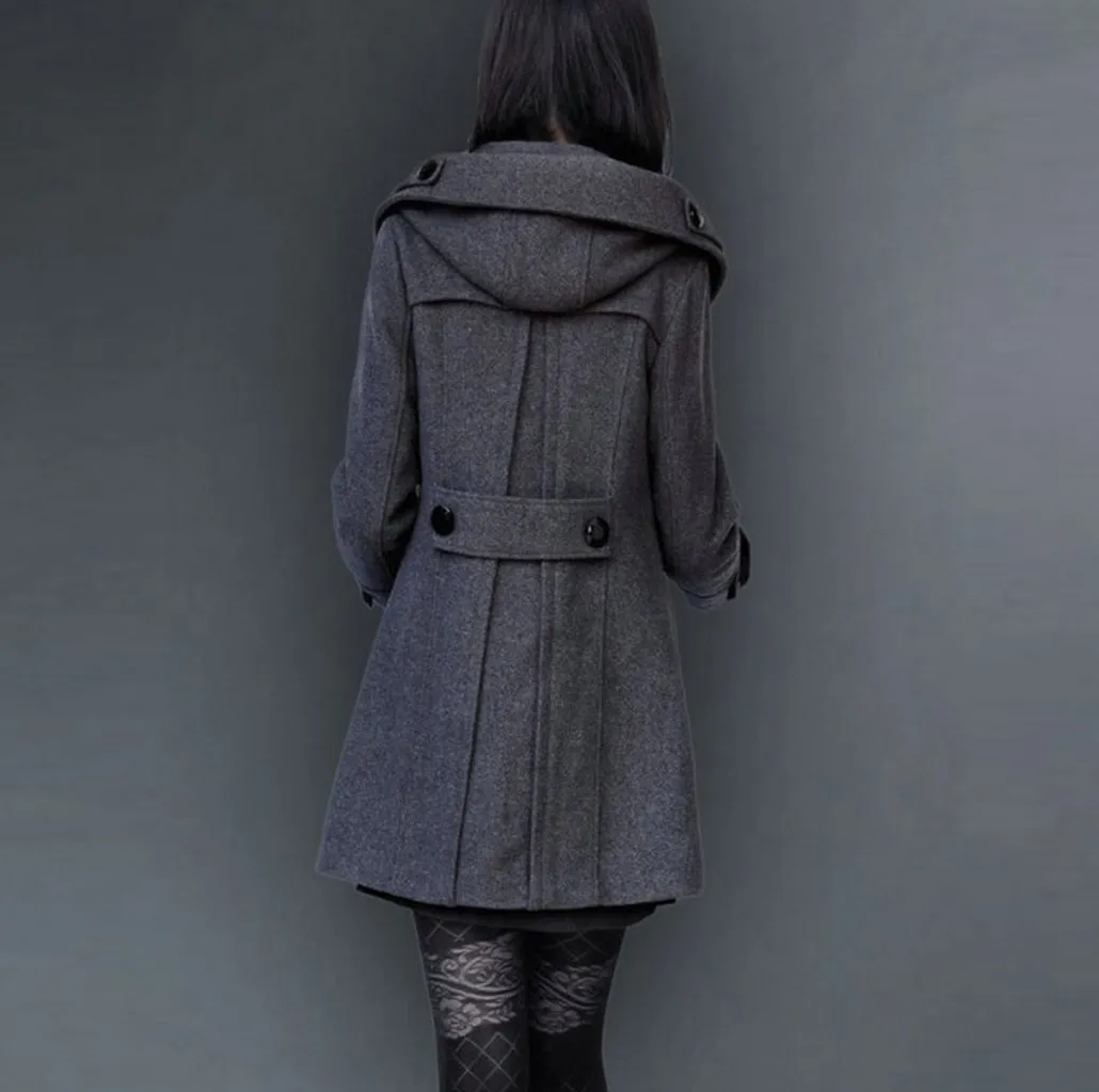 Женское зимнее шерстяное пальто с длинным рукавом, Женское пальто в европейском стиле, большие размеры, женское осеннее повседневное тонкое двубортное плотное пальто с капюшоном#924