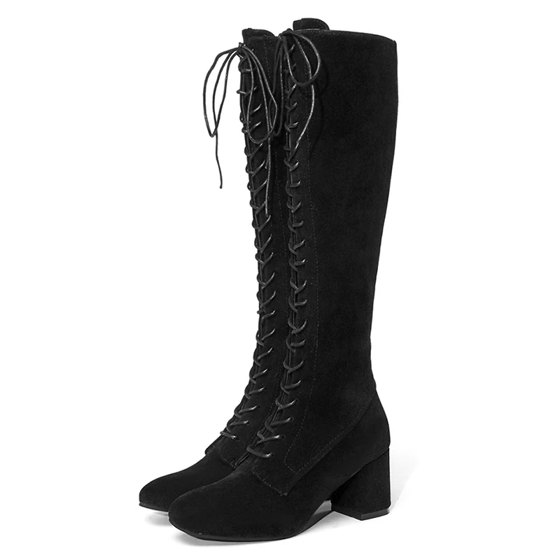 GRITION/женские сапоги до колена из натуральной кожи; женская обувь на высоком толстом каблуке; элегантные модные роскошные зимние теплые удобные высокие сапоги - Цвет: black