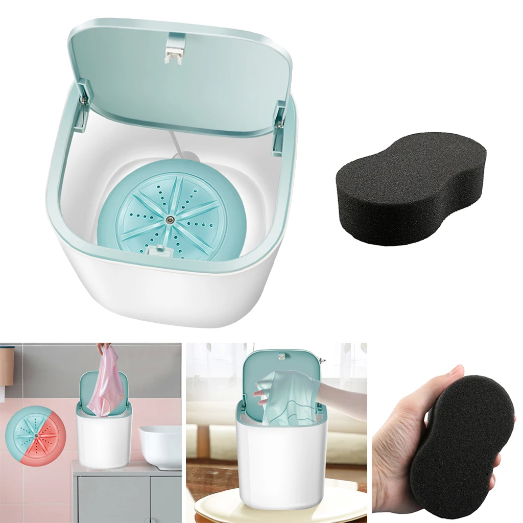 Portable Washing Machine + Sponge for Makeup Brush Pants Travel Camping Blue