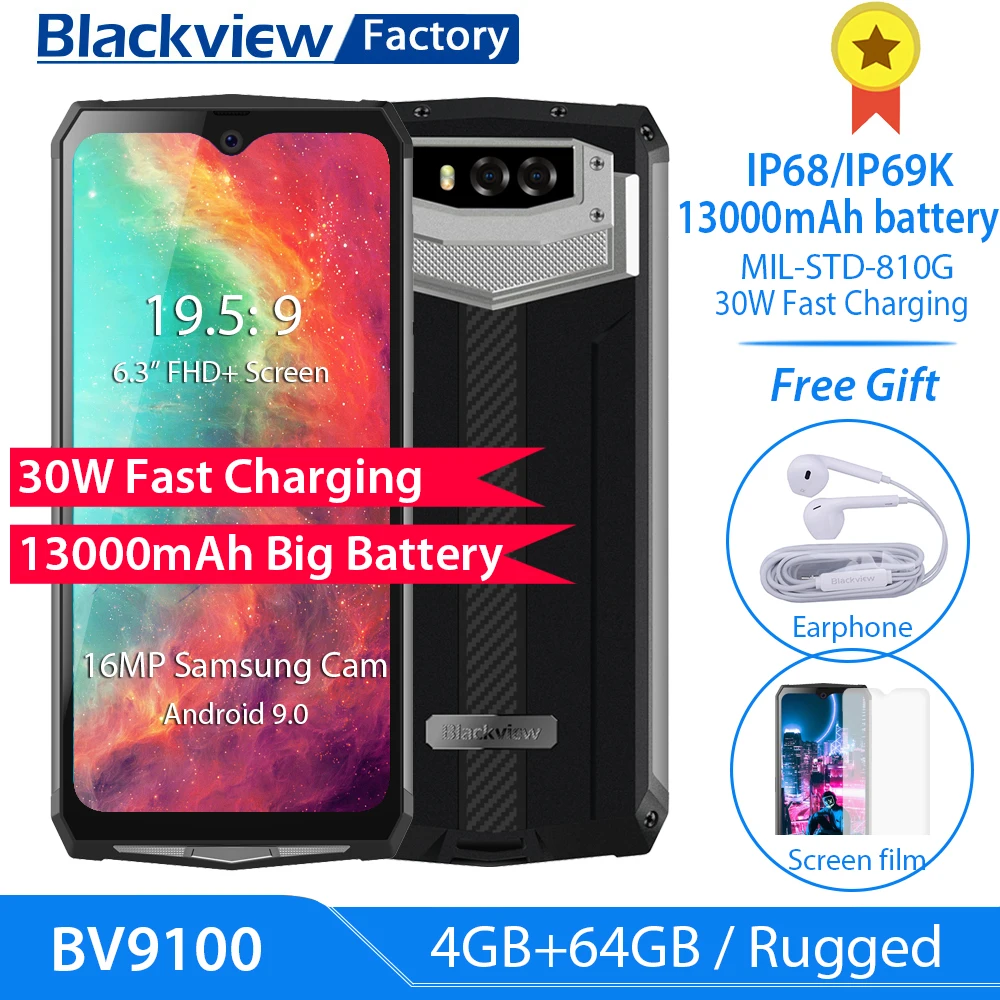 

Blackview BV9100 Android 9.0 Phone 13000mAh Battery 30W Fast Charge 6.3" Screen Smartphone MT6765 Octa Core IP68 Rugged 4GB+64GB