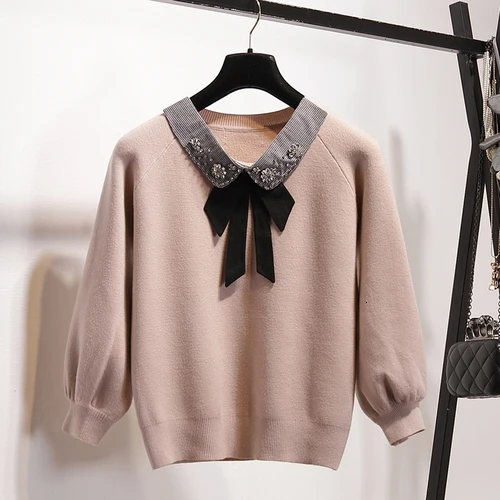 pink Милая девочка кукла воротник, ногти, бусы с бантом вязаный розовый свитер корейский стиль фонарь рукав милые зимние теплые пуловеры - Цвет: pink
