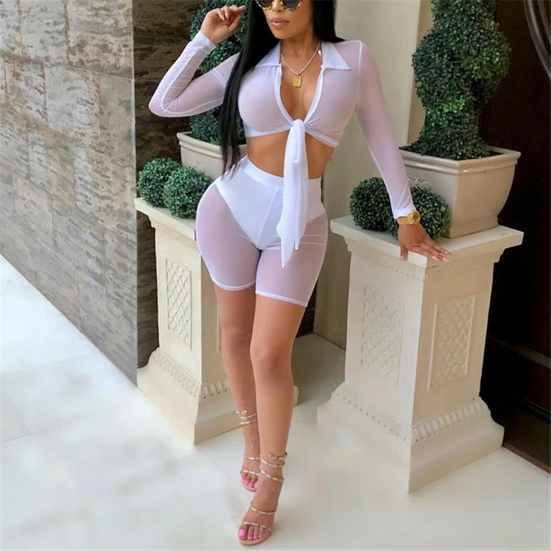 Beach Wear Women Long Sleeve See-Through Mesh Fishnet Crop Top T-Shirt and Shorts Set Swim Cover Up Costumi Da Bagno Donna | Женская