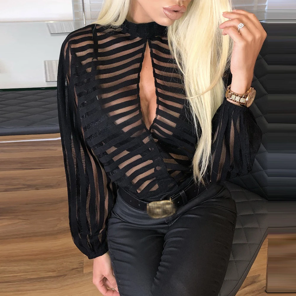 Meihuida Women Sexy See-through Mesh Net Sheer Long Sleeve Blouse Front Hollow Sexy Tops Office Lady Elegant Wear Meihuida Women Sexy See-through Mesh Net Sheer Long Sleeve Blouse Front Hollow Sexy Tops Office Lady Elegant Wear
