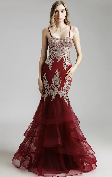 Burgundy Vestido de festa, последние стили, Элегантное Длинное платье русалки для выпускного вечера, вечерние платья с вышивкой на тонких бретельках, вечернее платье LSX462 - Цвет: Burgundy