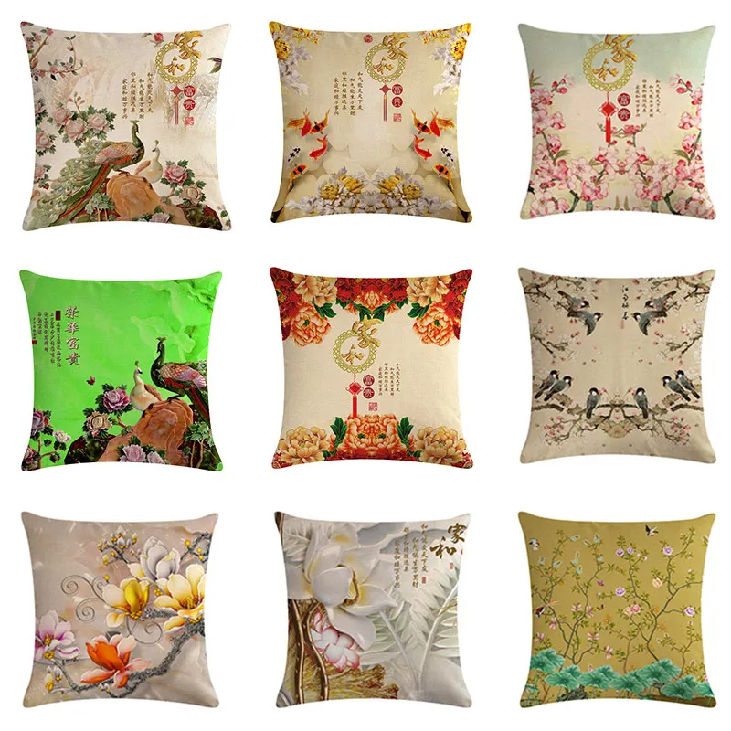 Чехол на подушку в китайском стиле с буквенным принтом цветочным рисунком для