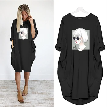 

Dress Women Print Cute Girl Pocket Casual Loose Vintage Party Autumn Club Plus Size M-5XL Clothes Kawaii Womens Dresses 2020