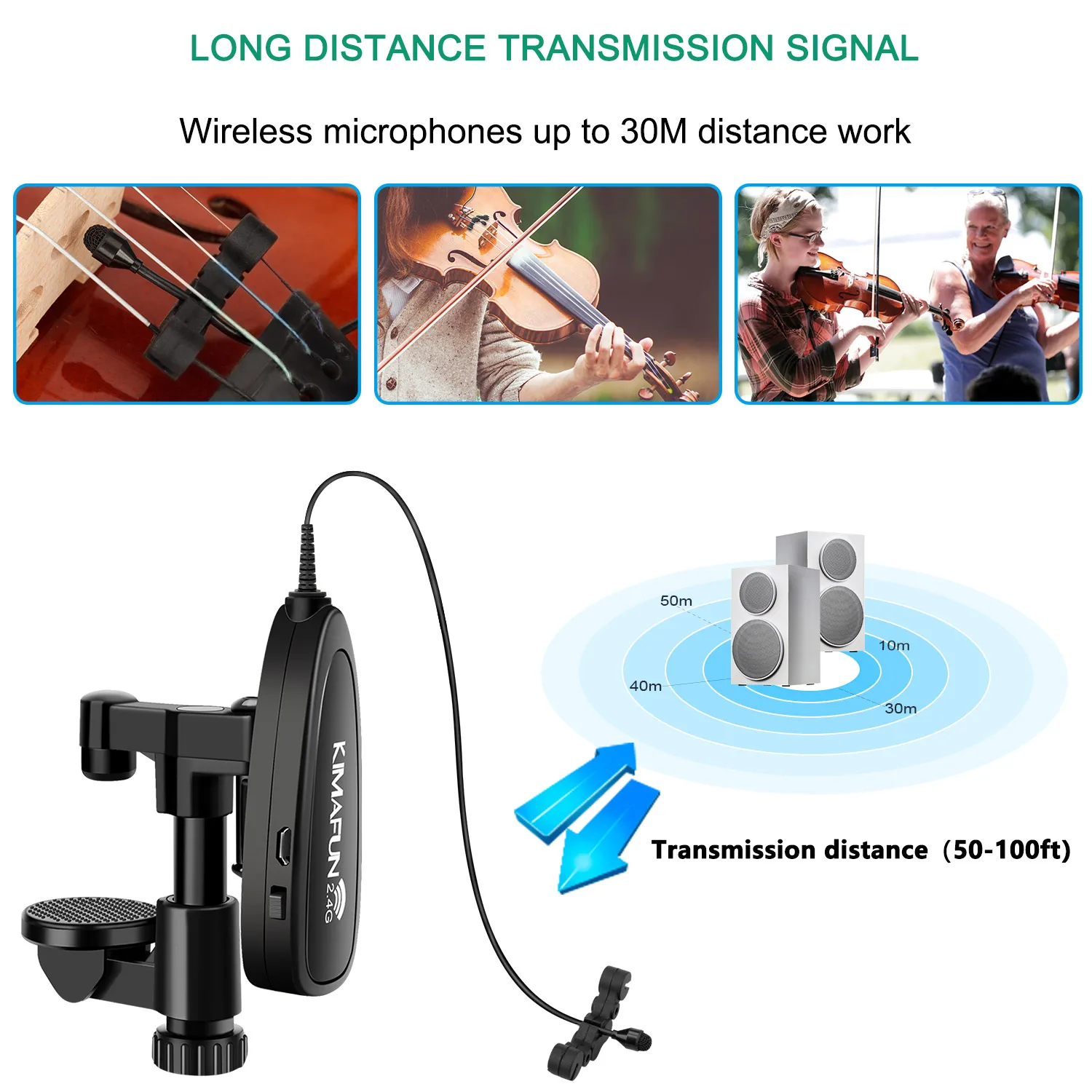 KIMAFUN Violin Microphone Wireless 2.4G Gooseneck Pick Up Instrument Clip-on Mic Receiver and Transmitter System for Violin