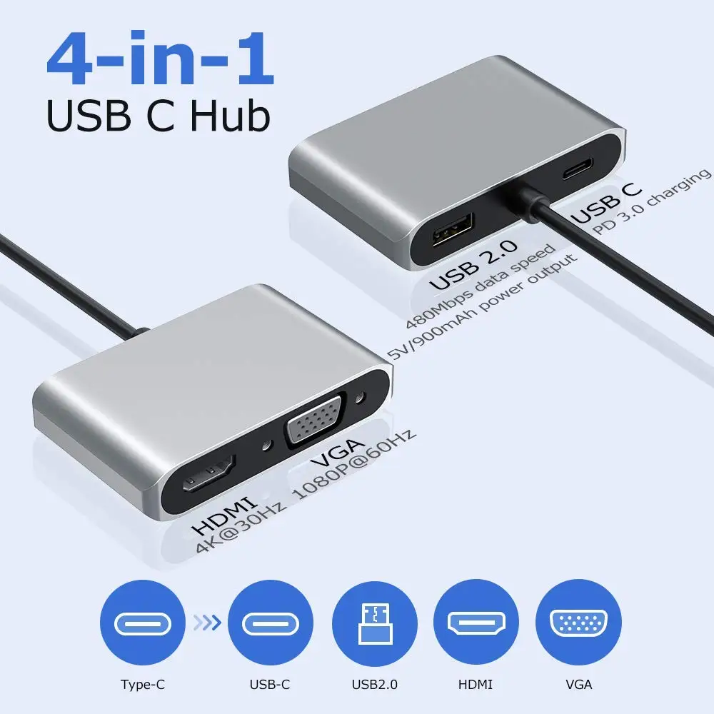 Адаптер USB C на 4K HDMI, адаптер USB C на VGA, HDMI 4K@ 30Hz, VGA 1080 P, 87W PD, порт USB 2,0, 4 в 1 Тип C к HDMI VGA адаптация
