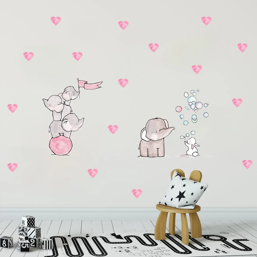 

Elephant And Rabbit Wall Sticker Cartoon Air Balloon Pink Heart Vinyl DIY Decals For Baby Kids Room Nursery Art Home Decoration