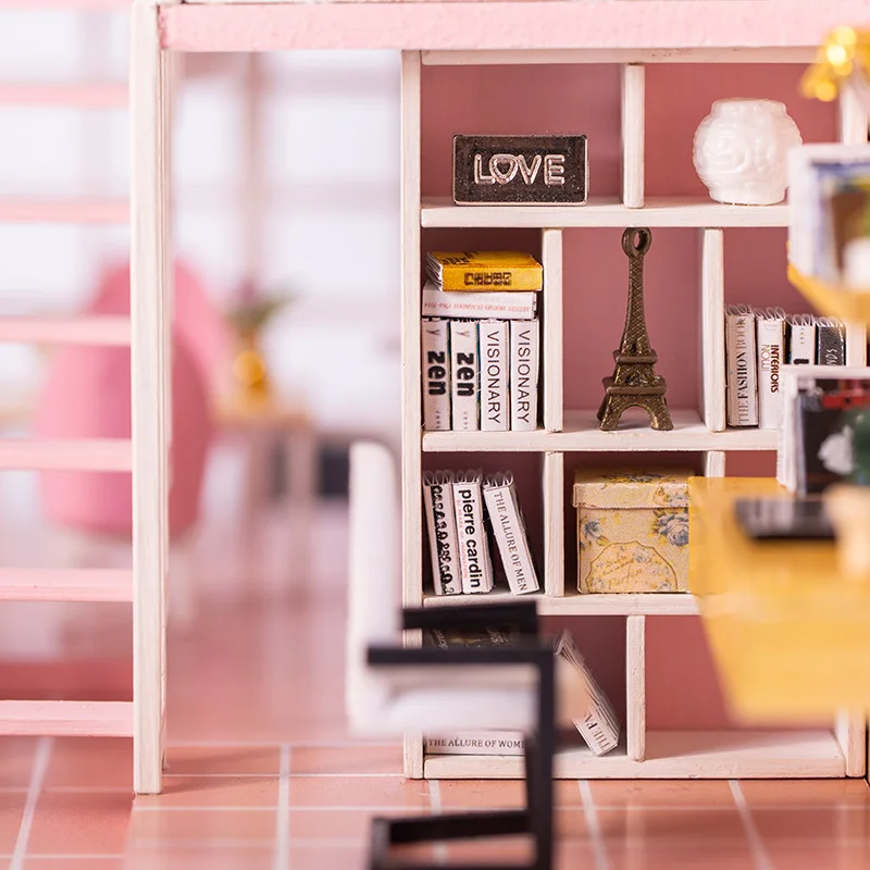 DIY кукольный домик, модель чердак, миниатюрный розовый Кукольный дом для девочек, сборные наборы, деревянная мебель, домик, игрушка для детей, подарки на день рождения