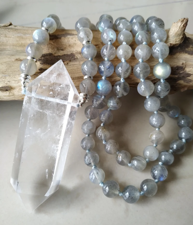 

YA4007 Natural Clear Quartz Double Point Pendant Labradorite Stone Beads Knot Necklace 30inch long