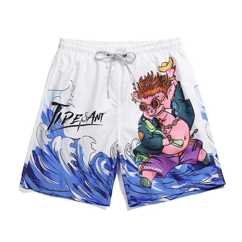 God Of Wealth Pig Printed Board Shorts Quick Dry White Beach Pants Man Loose Swim Shorts Quick Dry Beach Short Praia Masculino