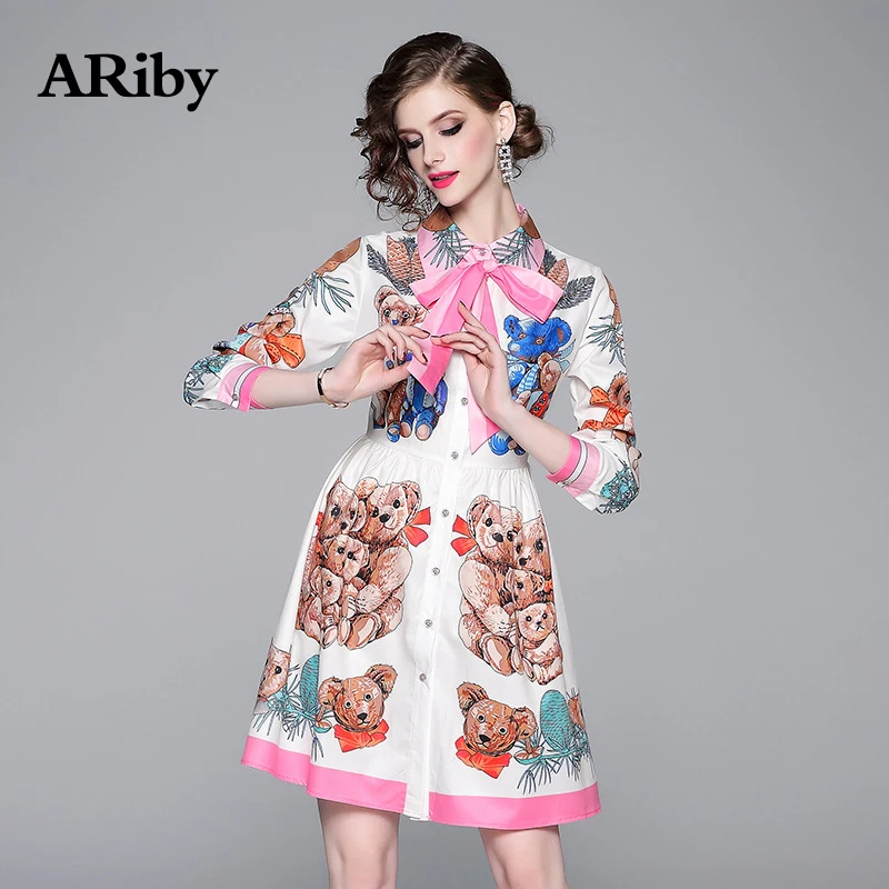 ARiby/Новинка 2019 года модное женское платье с отворотом и рисунком медведя одежда