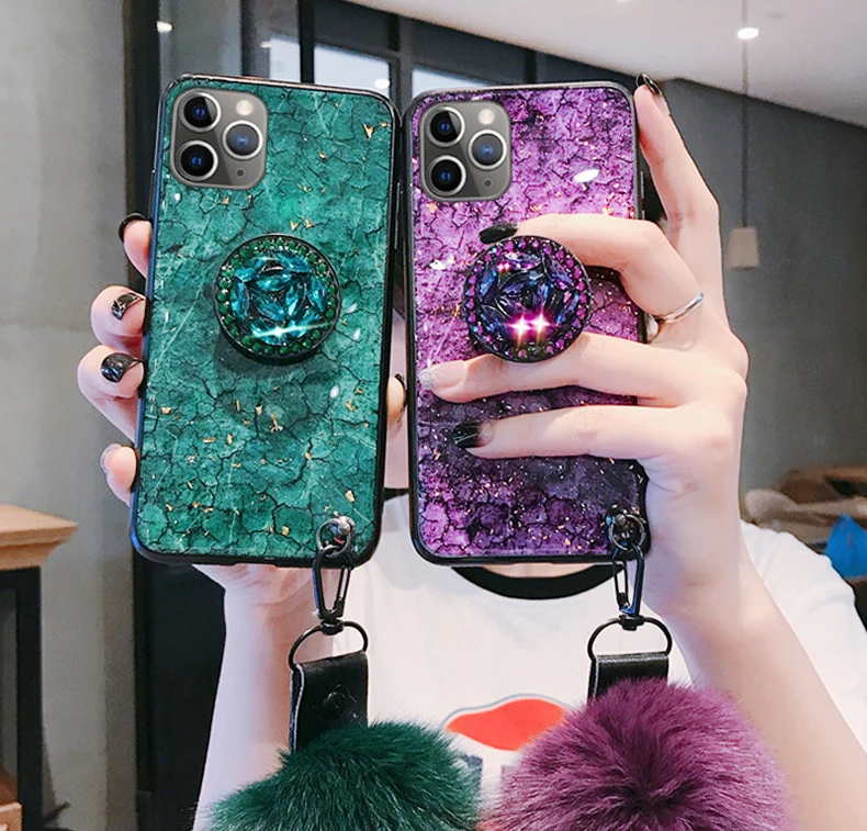 Luxury Diamond Cute Hair Ball Lanyard Bracket Soft Case For iphone X XR XS 11 pro MAX 7 8 6S plus 3D Bling Crystal Holder Cover