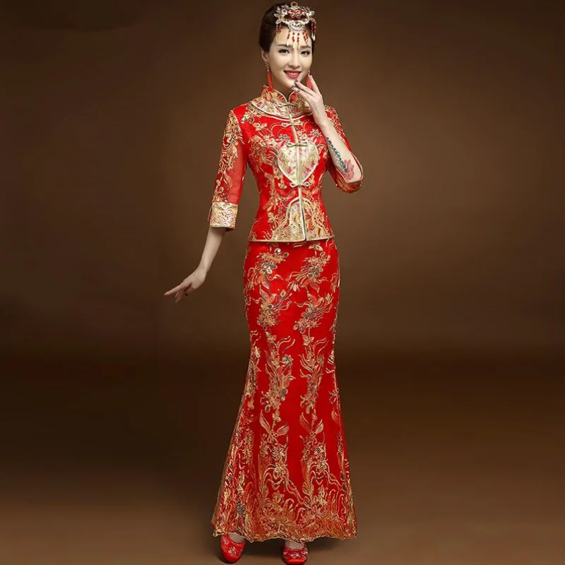 High Quality Red Chinese Wedding Dress Female Cheongsam Gold Slim