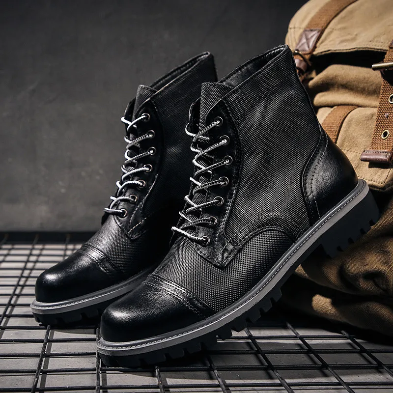 

Ozhouzhan Genuine Leather Martin Boots Men's Boot England Hight-top Autumn Breathable England-Style Retro Combat Boots Trend Des