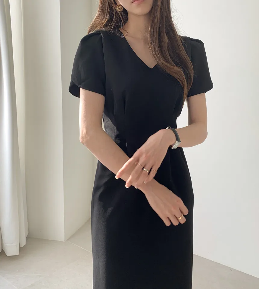 Woherb Korean Chic Women Dress Short Sleeve Casual V-Neck Elegant Office Lady Dresses 2020 New Slim Waist Robe Vestidos Mujer