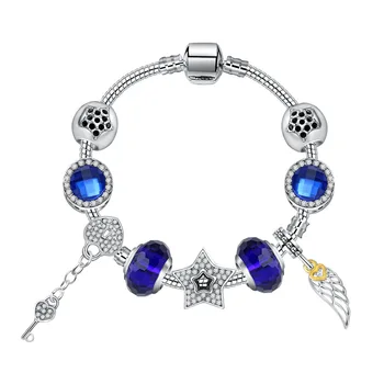 

Fit Original Pandoras 925 silver Blue Star Lock Pendant Bracelet crystal Charm beads Feather bracelets for women jewelry Gifts