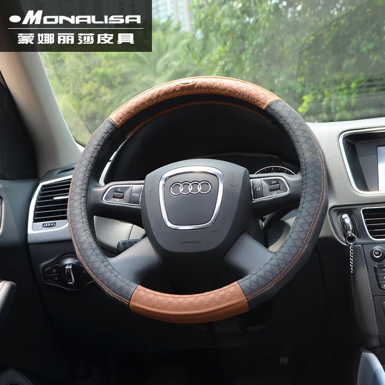 

Car Leather Steering Wheel Cover Cowhide First Layer Varved Four Seasons Universal Mona Lisa Fashion New Style Embossed