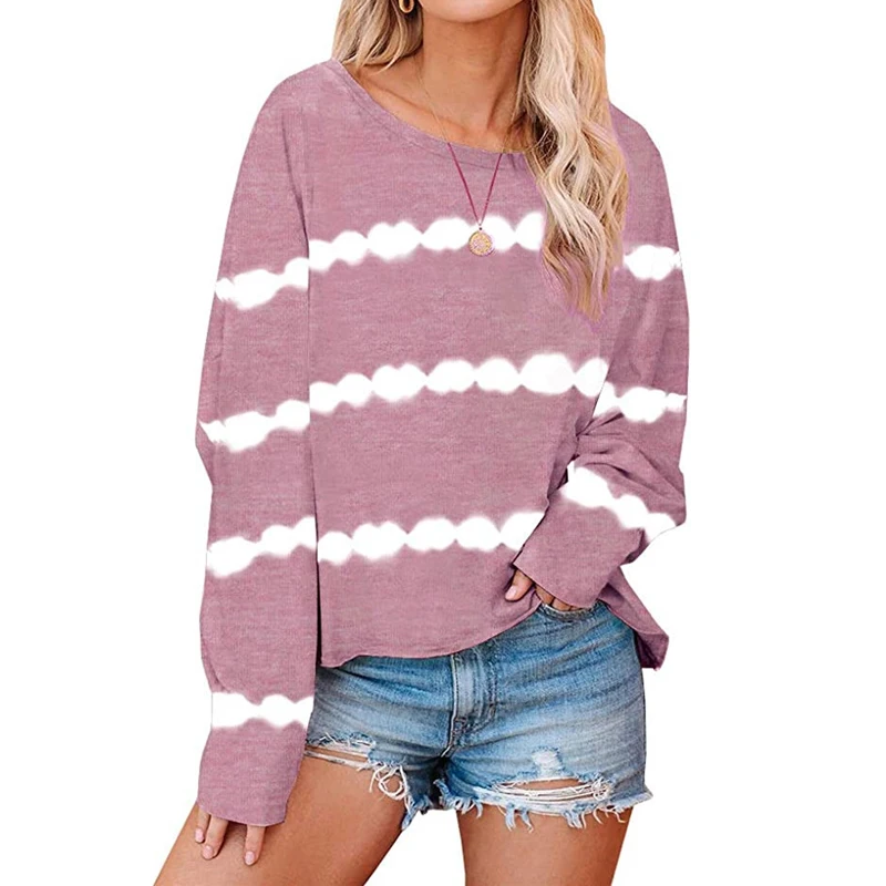 

Tie Dye Striped Print Pullovers Women O-Neck T-shirts Spring Fall Female Casual Tees Fashion Plus Size Long Sleeve Loose Tops